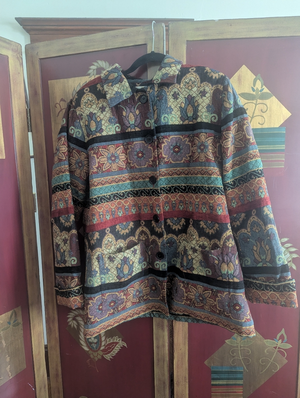 Vintage Tapestry Jacket Boho Floral Woven Sz 16 Cottagecore Folk Art Button Up
